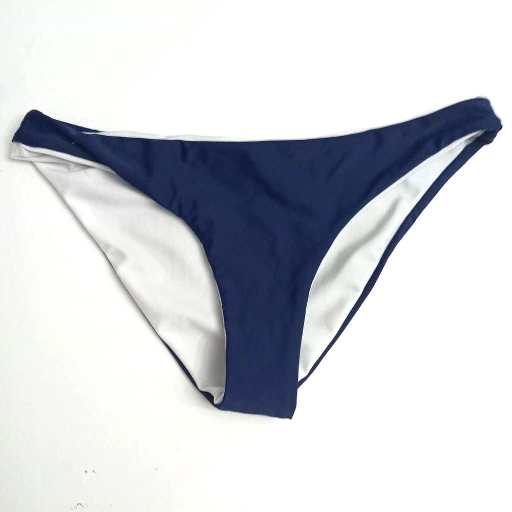 Bikini Swim Bottom Women Large Blue White Lined Cheeky Polyester 14.5"L 8"W